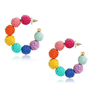 Colorful Raffia Boho Earrings – Retro Purple & Blue Statement Style - Alba Vaga