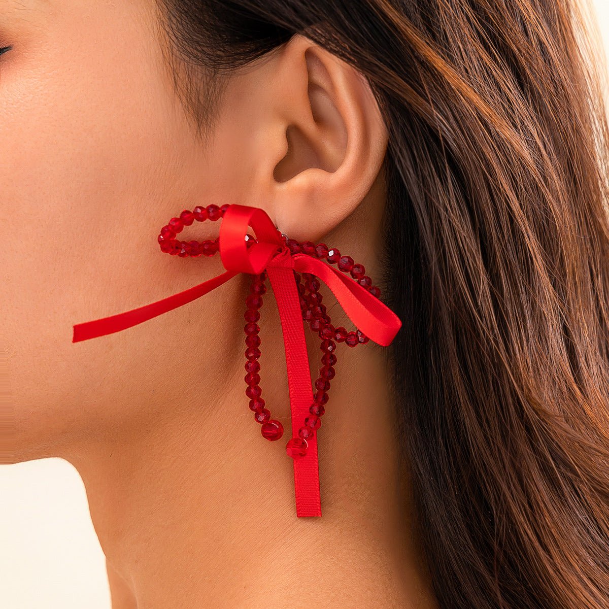 Exaggerated Fabric Tassel Bow Earrings with Pearl & Crystal Flower Studs - Alba Vaga