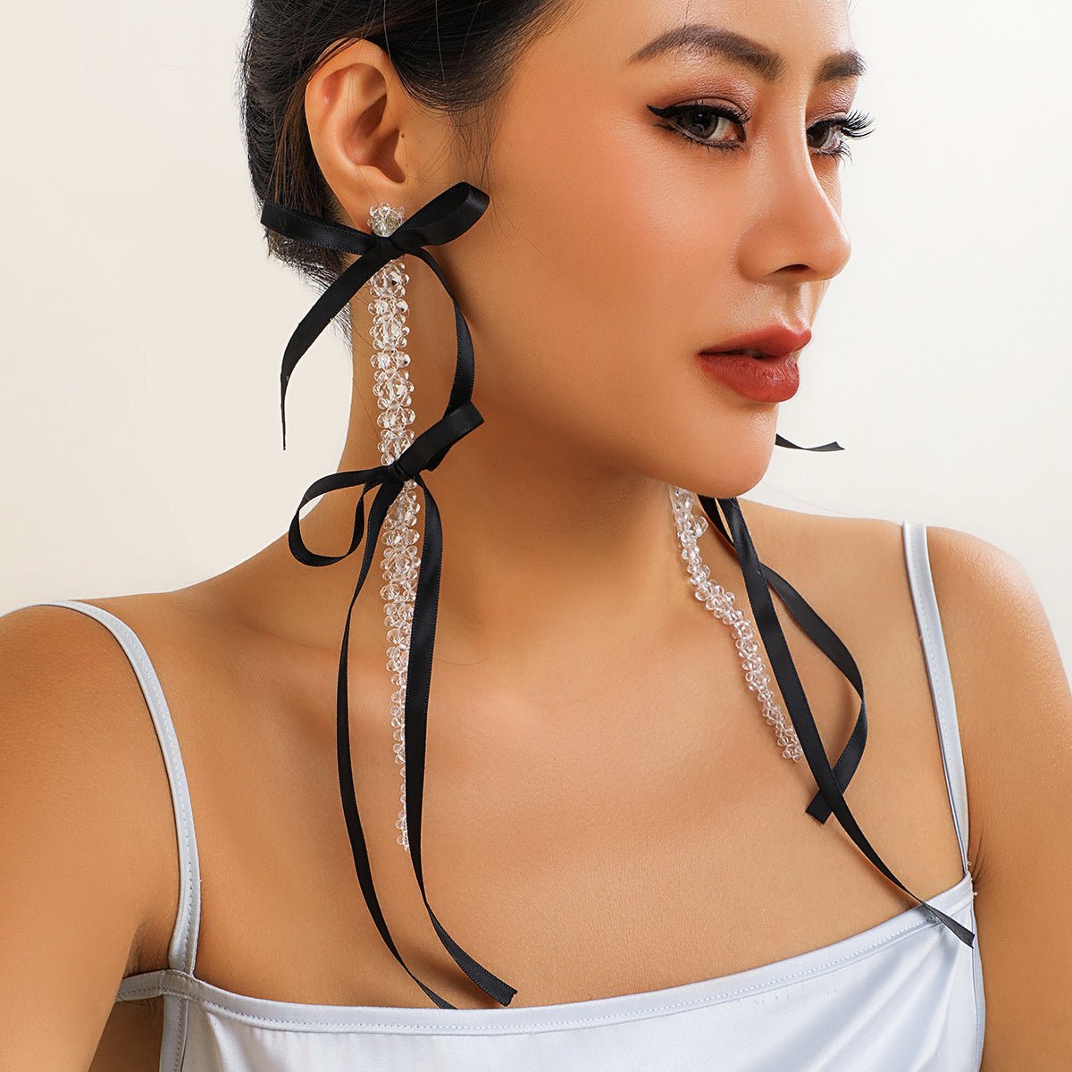 Exaggerated Fabric Tassel Bow Earrings with Pearl & Crystal Flower Studs - Alba Vaga