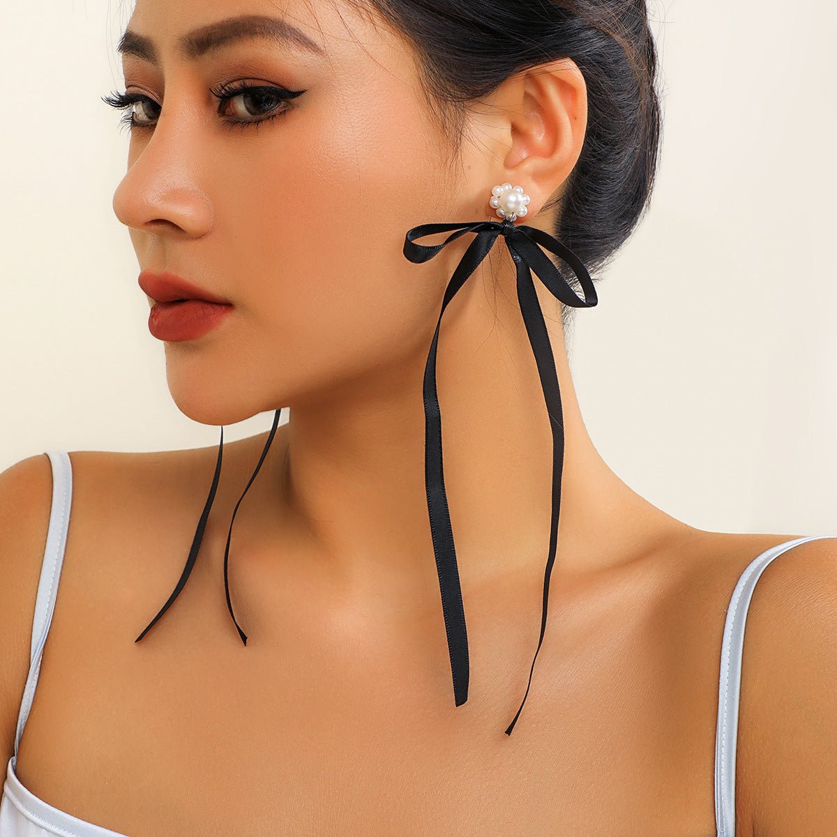 Exaggerated Fabric Tassel Bow Earrings with Pearl & Crystal Flower Studs - Alba Vaga