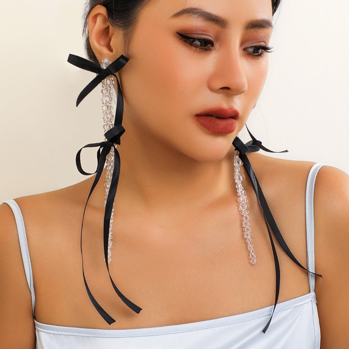 Exaggerated Fabric Tassel Bow Earrings with Pearl & Crystal Flower Studs - Alba Vaga