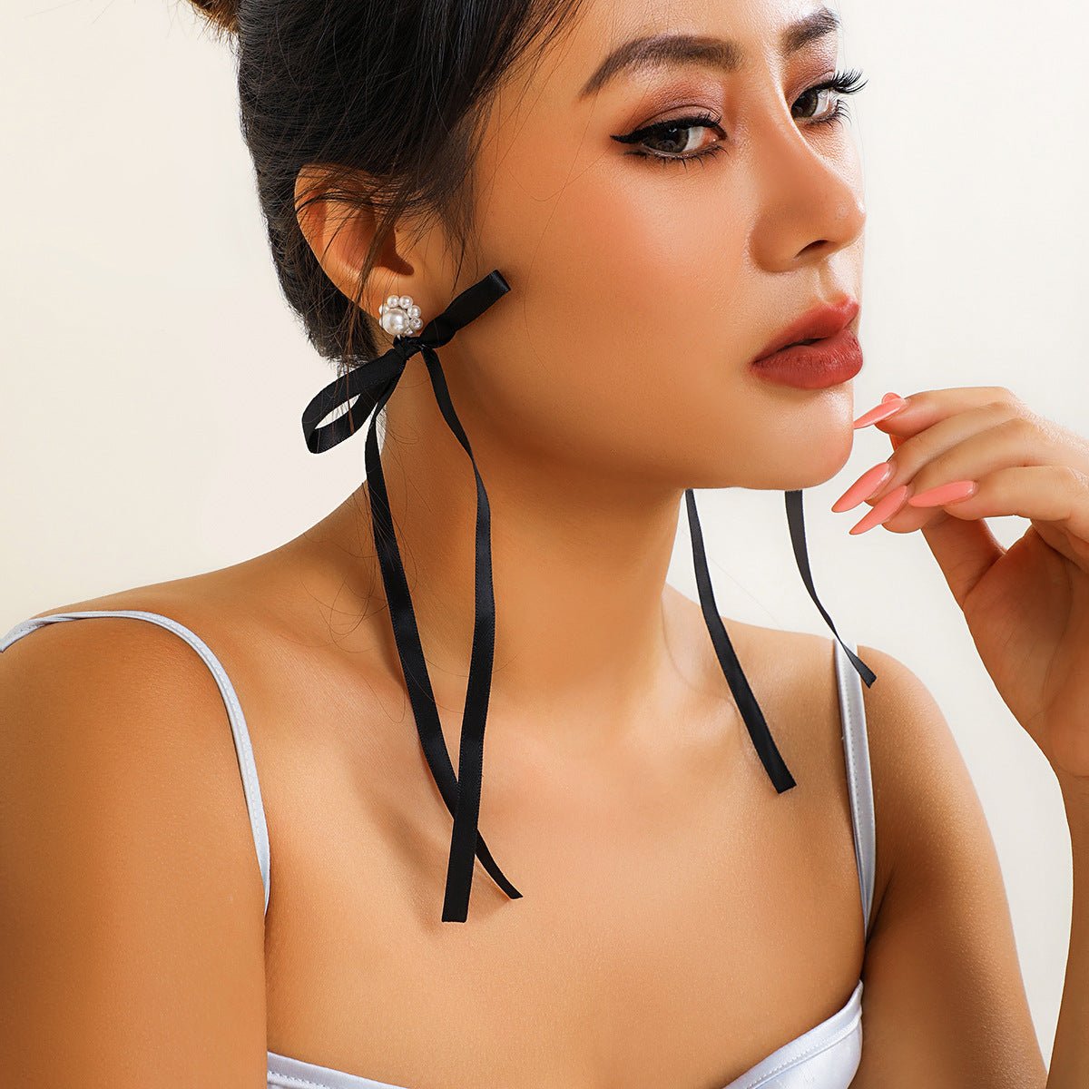 Exaggerated Fabric Tassel Bow Earrings with Pearl & Crystal Flower Studs - Alba Vaga