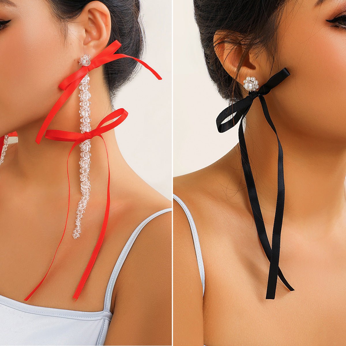 Exaggerated Fabric Tassel Bow Earrings with Pearl & Crystal Flower Studs - Alba Vaga