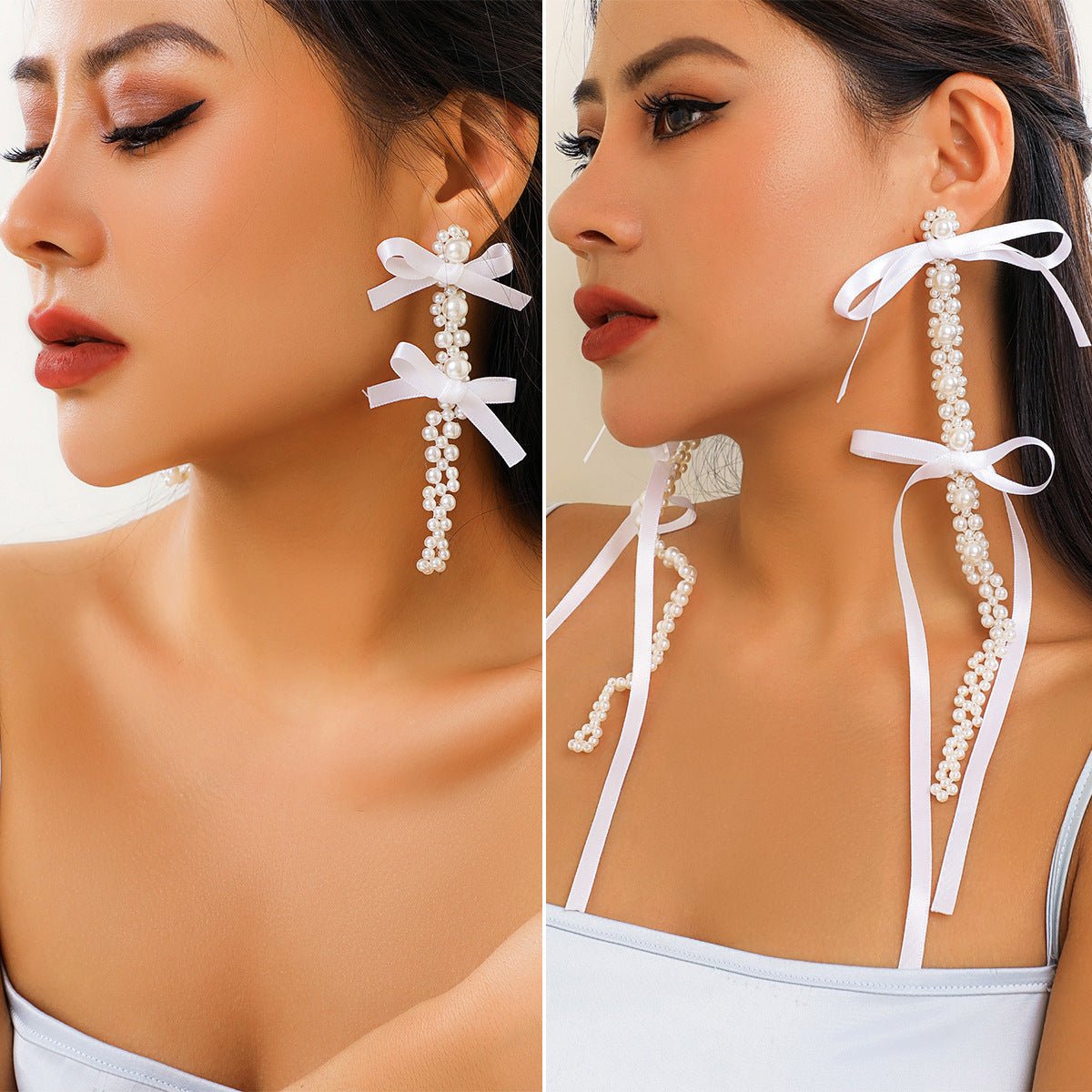Exaggerated Fabric Tassel Bow Earrings with Pearl & Crystal Flower Studs - Alba Vaga