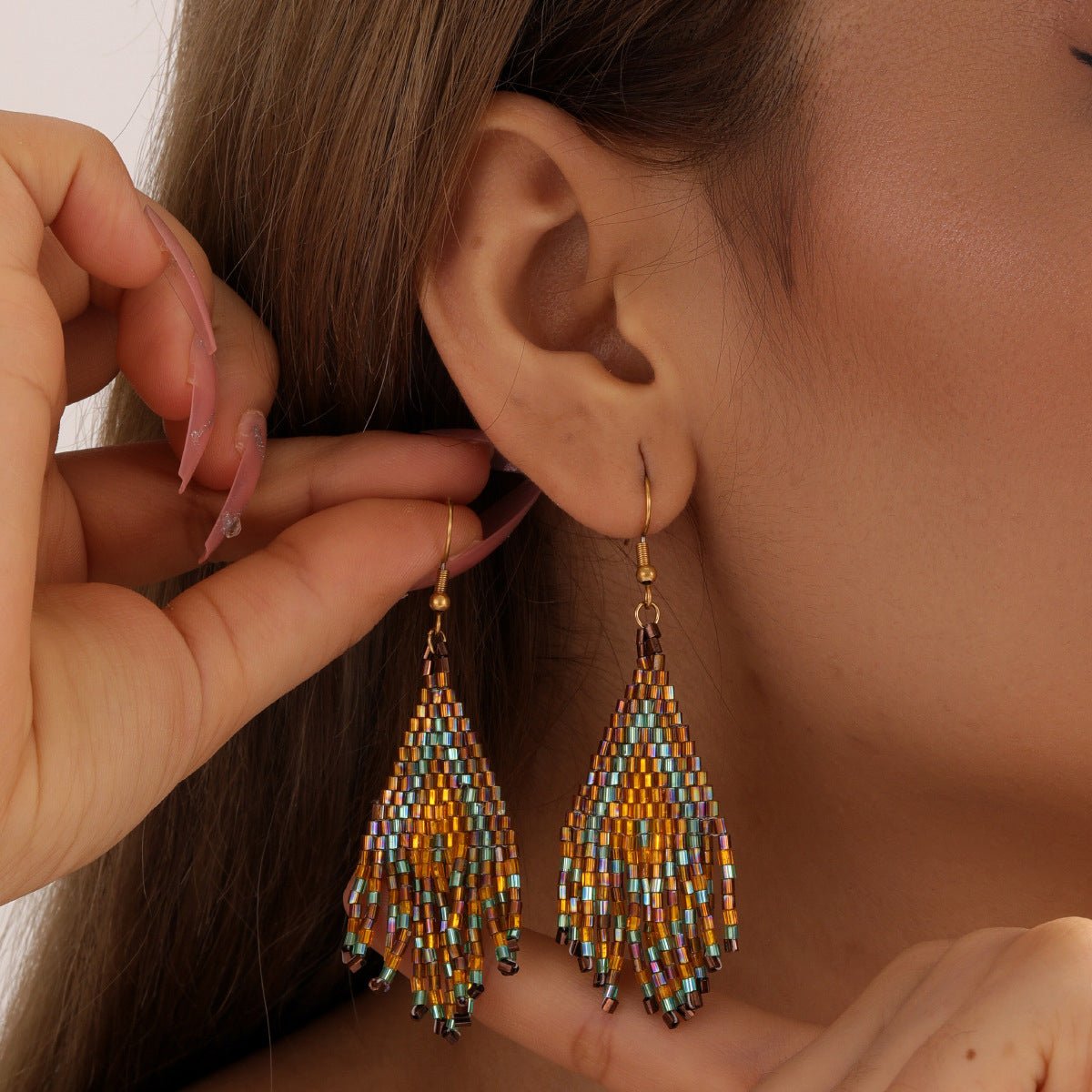 Handwoven Rice Bead Buckle Earrings – Light Luxury Summer Boho Jewelry - Alba Vaga